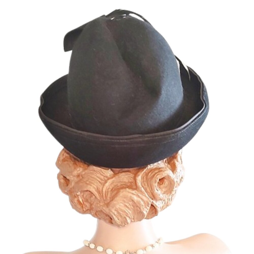 1960s Black Vintage Men's Look Fedora Style Formed Felt Hat Feathers Brimmed - Picture 4 of 9